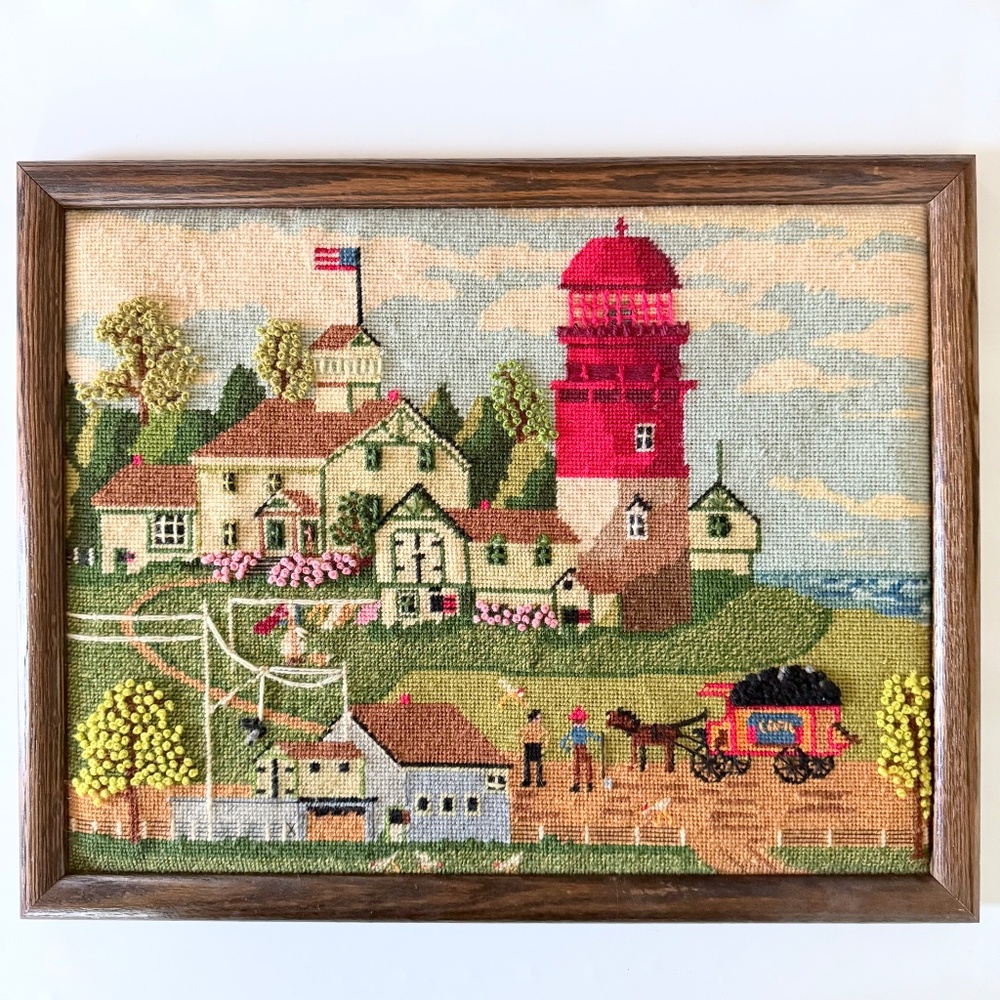Wysocki Americana Lighthouse Needlepoint Framed Embroidered 1980 pattern